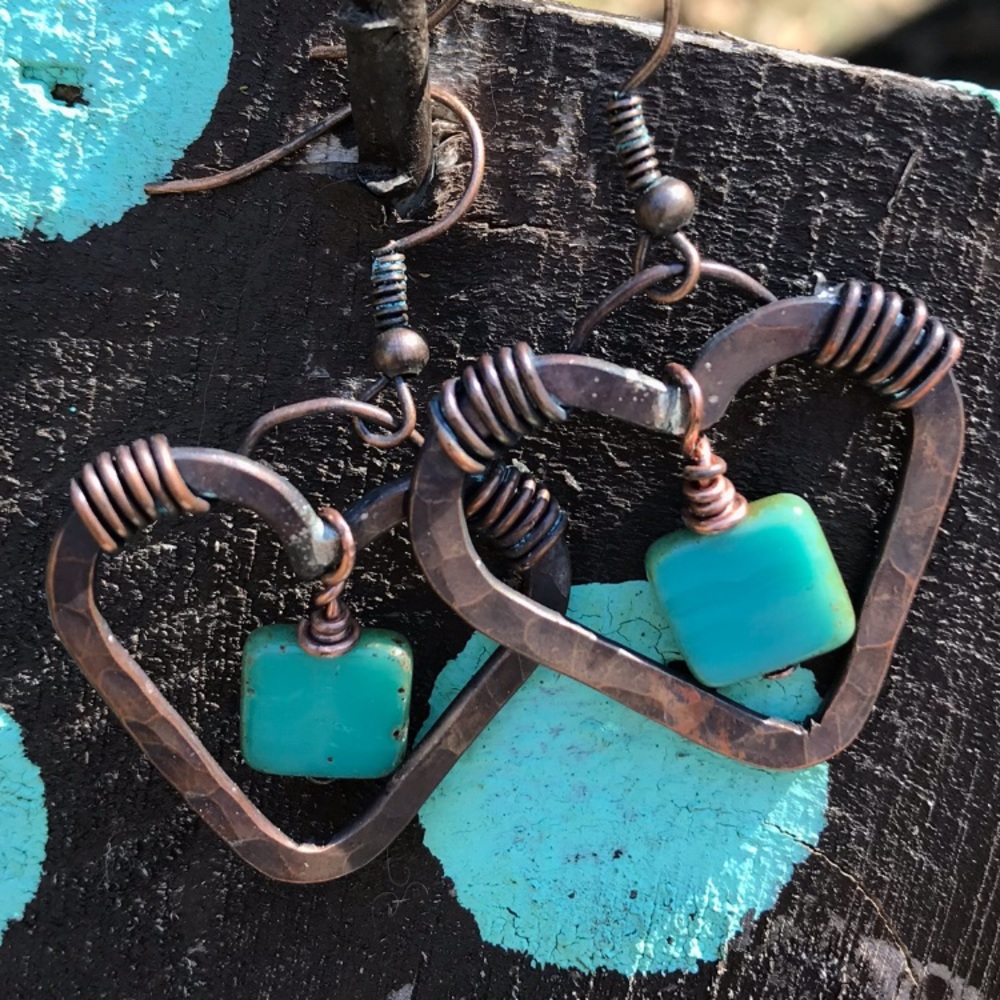 Handmade hammered copper heart earrings